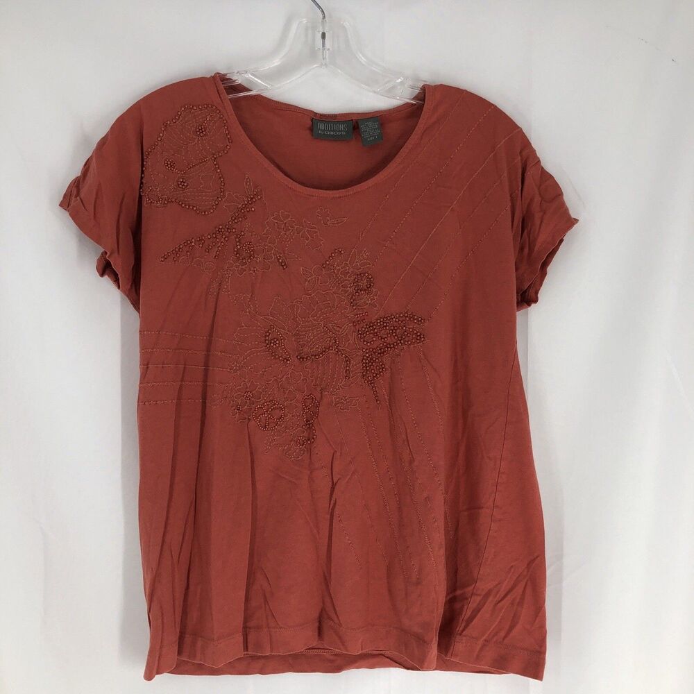 Chico's Additions Beaded Top T-Shirt Size 1 Women’s Orange Floral Resort Casual
